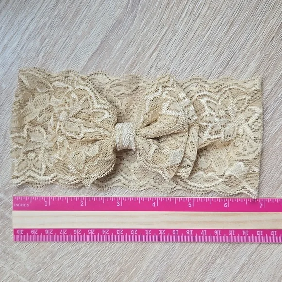 Lace Bowknot Beige Headband Baby Girl Elastic Headwrap Kids Handmade Hairband - Picture 8 of 10